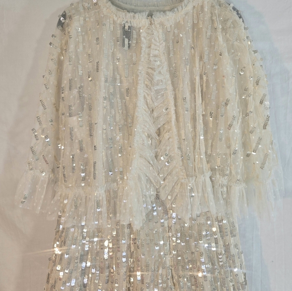 NEEDLE AND THREAD Women's 16 Beige Sequin Dash Cape Ankle Gown Tulle Dress New. - Picture 7 of 11